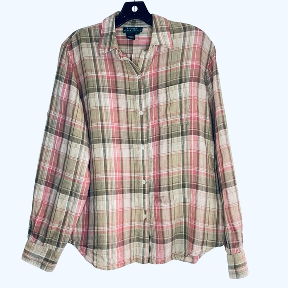 Ralph Lauren linen button down shirt in pink tan brown plaid size L - Picture 1 of 10